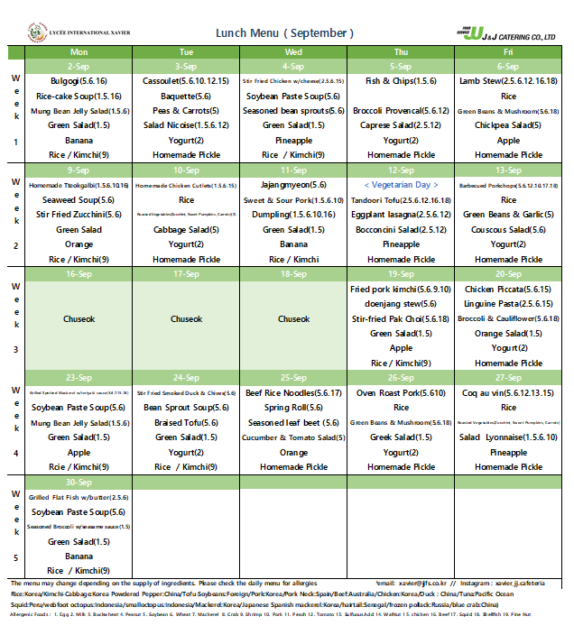 Lycee International Xavier Cafeteria Menu_ Sep. 2024